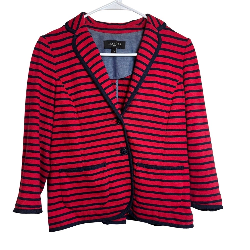 Talbots Petites WomenSP Red Navy Blue Striped Nautical Blazer Anchor Button